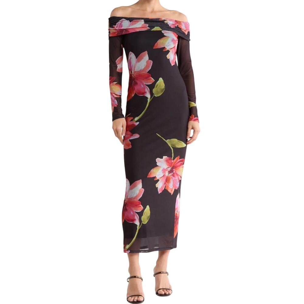 Madden Girl black Floral Mesh Off-the-Shoulder Cowl bodycon Maxi Dress L NWOT